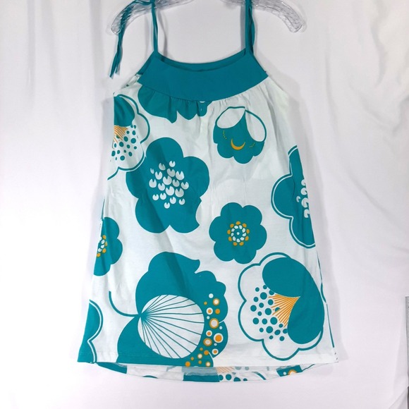 Dresses & Skirts - Retro Floral Cotton Mini Dress Teal White Orange Tie Strap Pockets Y2K Inspired
